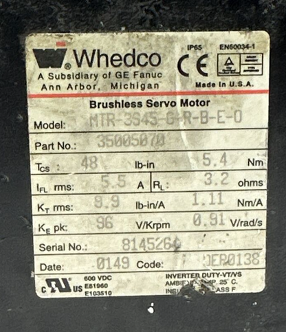 WHEDCO MTR-3S45-G-R-B-E-O BRUSHLESS SERVO MOTOR 600VDC