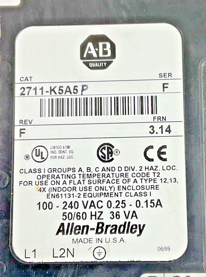 ALLEN BRADLEY 2711-K5A5 OPERATOR INTERFACE PANEL SER.F REV.F FRN:3.14 240VAC