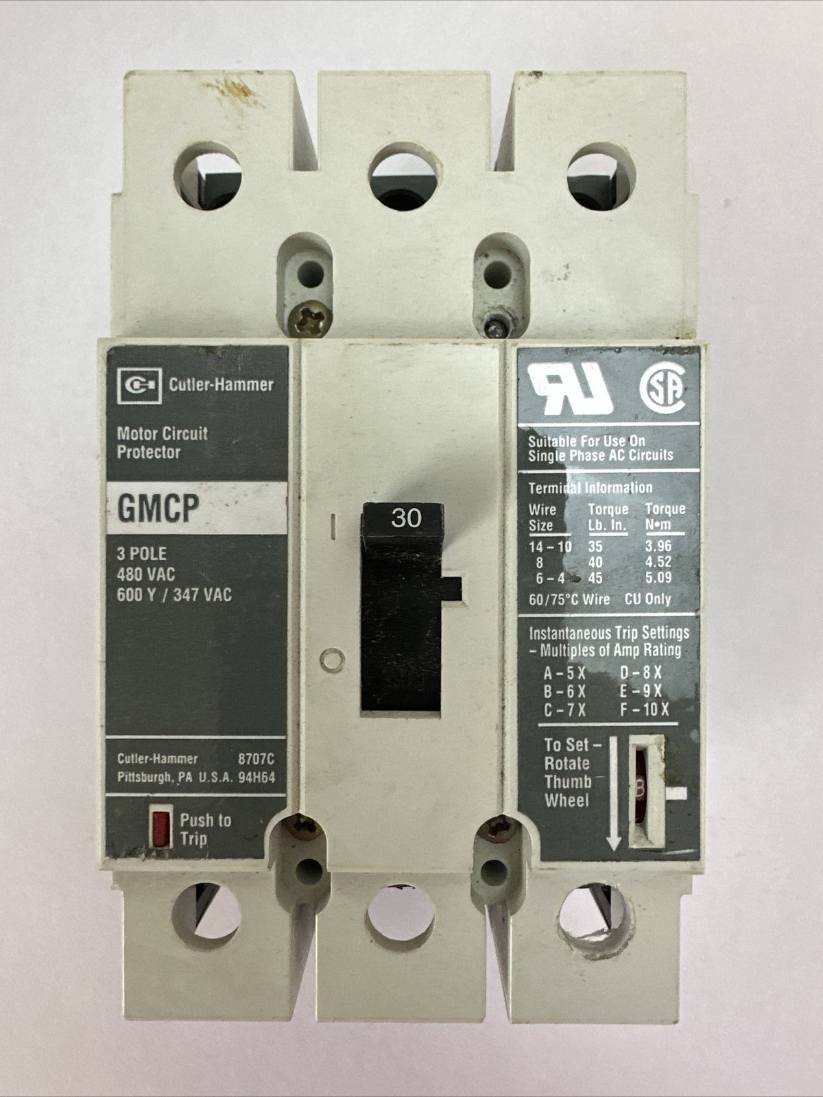 WESTINGHOUSE GMCP030H1C GMCP CIRCUIT BREAKER 30AMP 480VAC 600Y/347VAC 3POLE