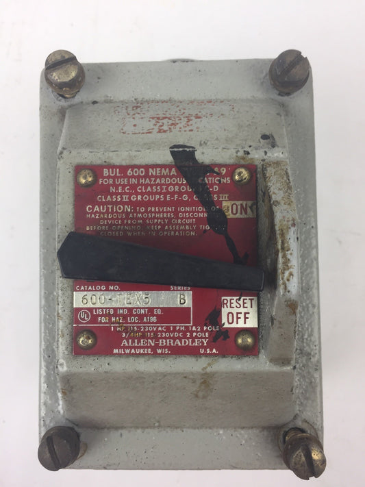 ALLEN BRADELY 600-TEX5 MANUAL STARTER SWITCH 1HP 115-230VAC 3/4HP 115-230VDC