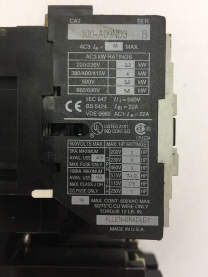 ALLEN BRADLEY 105-A09NDJ0V REVERSING STARTER 100-A09ND3 600VAC 9A 592-J0V16 W33