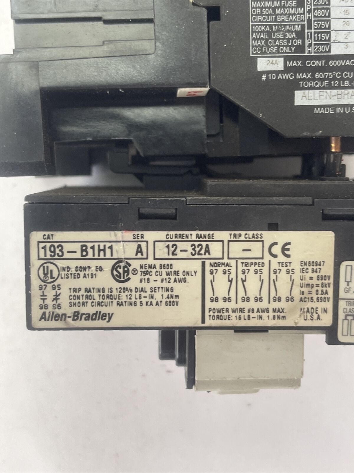 ALLEN BRADLEY STARTER 100-A24ND3 SER C CONTACTOR 600VAC 20HP 24A COIL 120V 60HZ