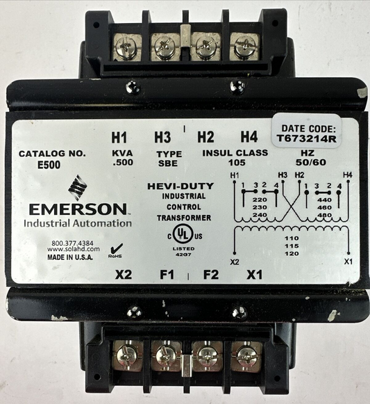 EMERSON E500 HEVI-DUTY INDUSTRIAL CONTROL TRANSFORMER 0.500KVA TYPE SBE 220/440V