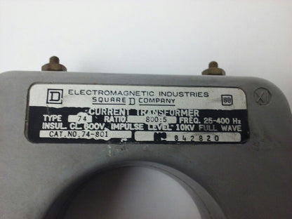 SQUARE D 74-801 CURRENT TRANSFORMER, 600V, INDOOR TYPE, RATIO: 800:5, LOT OF 3