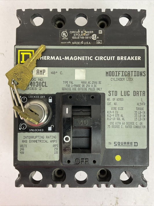 SQUARE D FAL34030CL 30A 480VAC 250VDC 3P SER 2 THERMAL-MAGNETIC CIRCUIT BREAKER