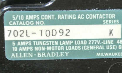 ALLEN-BRADLEY 702L-TOD92 AC LIGHTING CONTACTOR 120V, 10A, 2-POLE - NEW SURPLUS