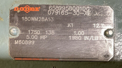 DODGE 180WM28A13 GEAR REDUCER RATIO 12.7 INPUT RPM 1750 OUTPUT RPM 138 INPUT 5HP