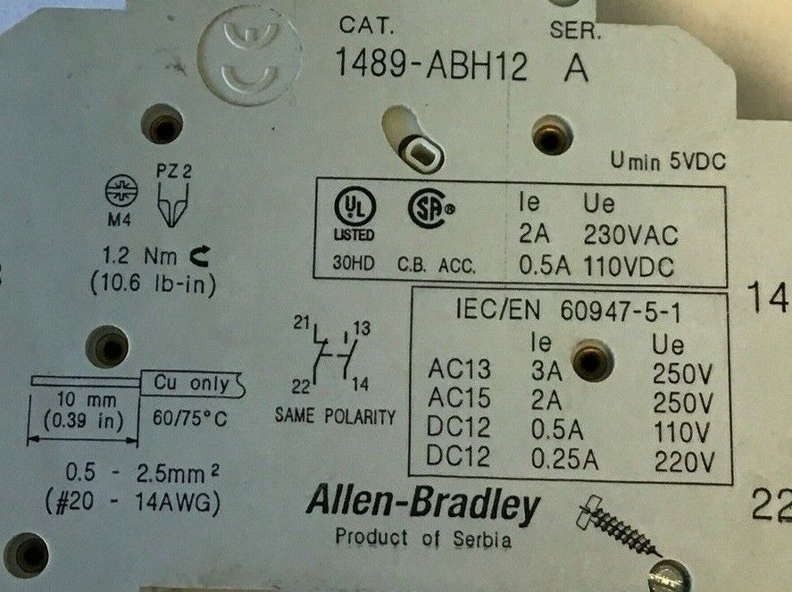 ALLEN BRADLEY 1489-D1C020 SER.A CIRCUIT BREAKER W/ 1489-ABH12 AUX. CURCUIT