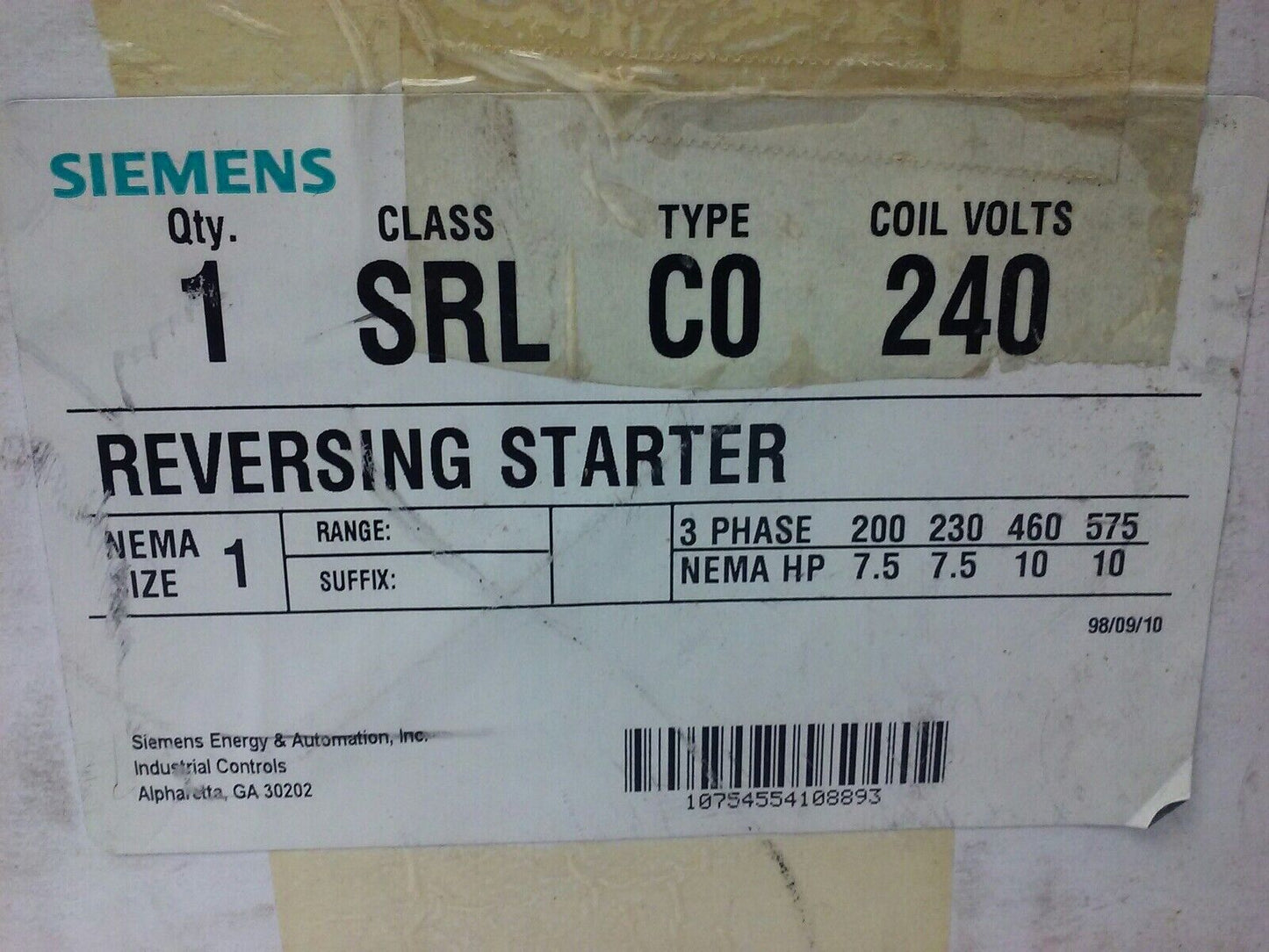 SIEMENS SRLCO240 REVERSING STARTER, SXLCO, 3PH, 27A, 600V,10HP, 240V COIL, SA13A