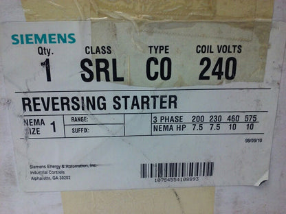 SIEMENS SRLCO240 REVERSING STARTER, SXLCO, 3PH, 27A, 600V,10HP, 240V COIL, SA13A