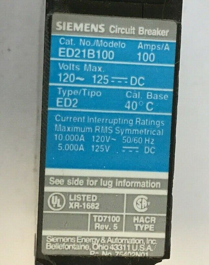 SIEMENS ED21B100 CIRCUIT BREAKER 100A 120VAC/125VDC