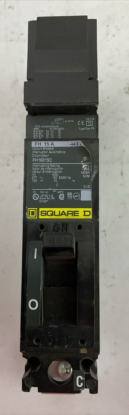 SQUARE D FH16015C 277VAC 125VDC 15AMP 1POLE CIRCUIT BREAKER