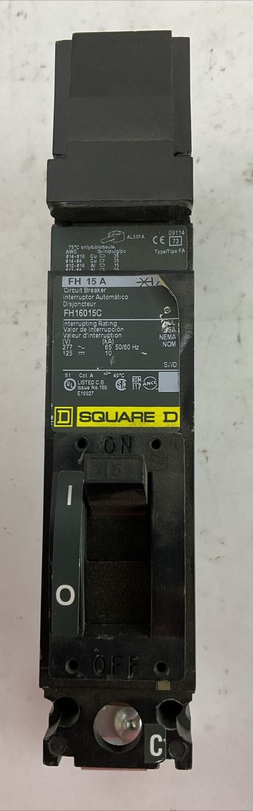 SQUARE D FH16015C 277VAC 125VDC 15AMP 1POLE CIRCUIT BREAKER