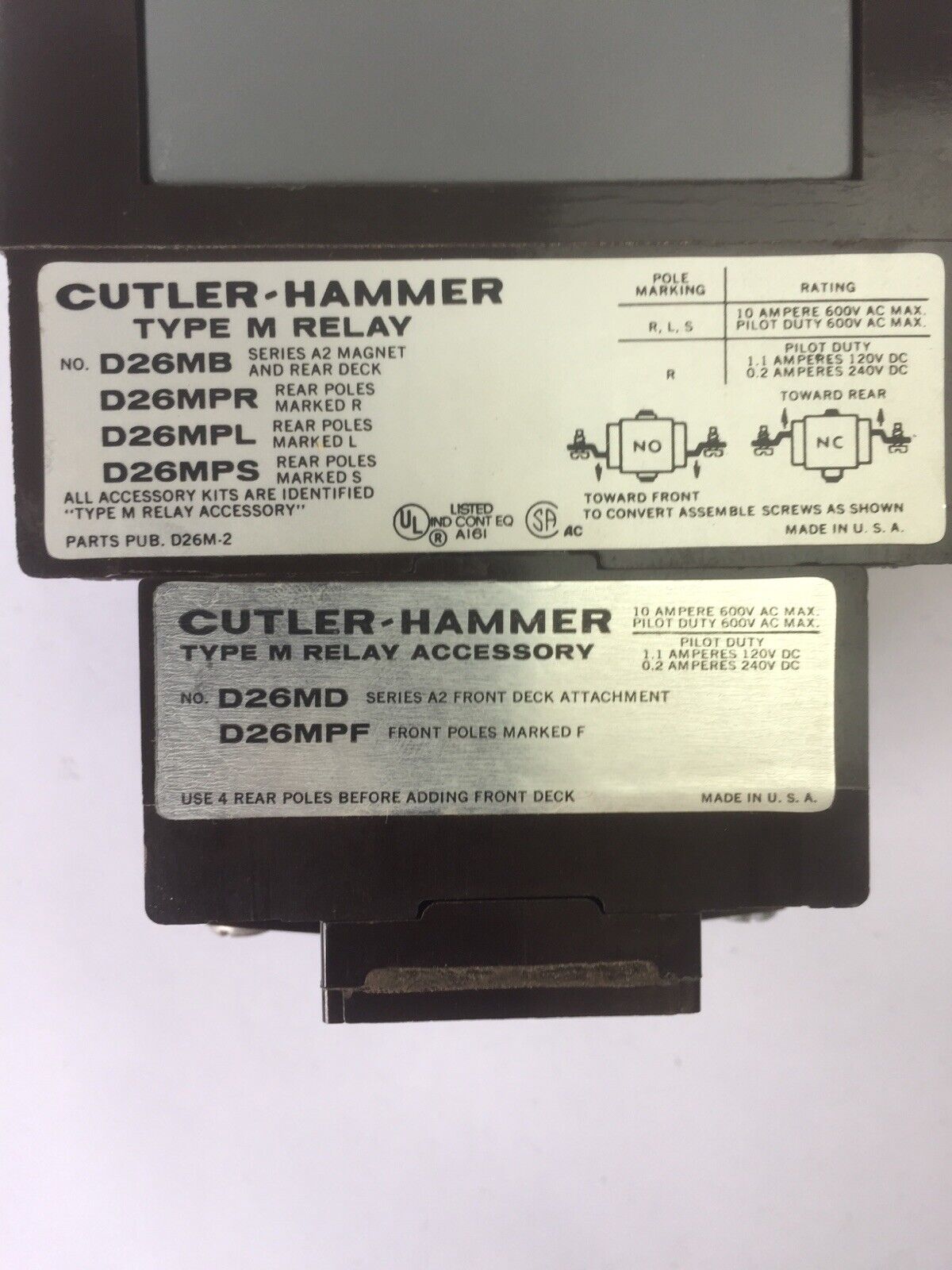 CUTLER HAMMER D26MRD31A1 TYPE M RELAY (D26MB,D26MPR,D26MPL,D26MPS,D26MD,D26MPF)