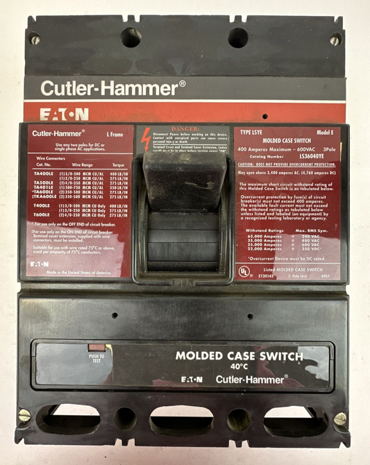 CUTLER HAMMER LS36040YE MOLDED CASE SWITCH 400AMP 600VAC 3POLE MODLE E TYPE LSYE