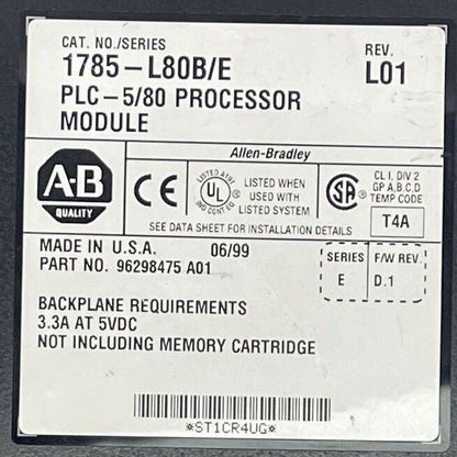 ALLEN BRADLEY 1785-L80B/E PLC-5/80 PROCESSOR MODULE REV L01 SER E F/W REV D.1
