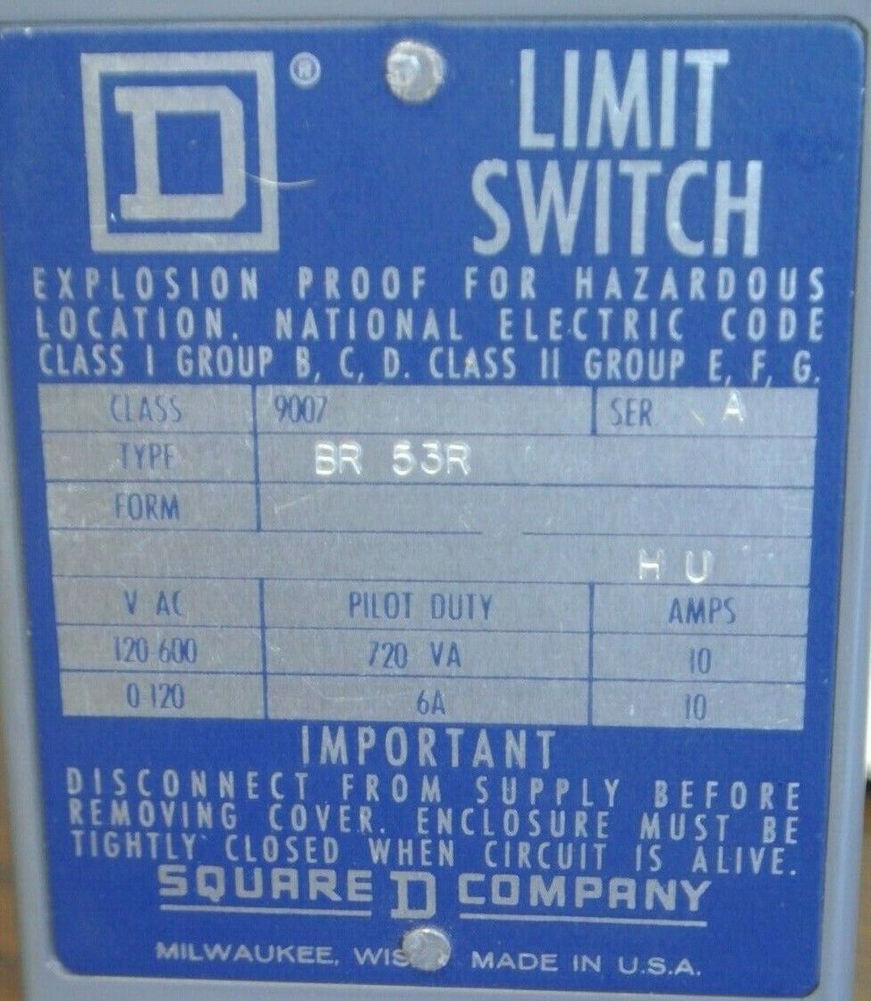 SQUARE D 9007 BR53R EXPLOSION-PROOF LIMIT SWITCH / NEW SURPLUS
