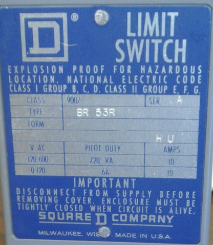 SQUARE D 9007 BR53R EXPLOSION-PROOF LIMIT SWITCH / NEW SURPLUS