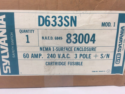 SYLVANIA D633SN FUSIBLE SAFETY SWITCH 60A 240VAC 3 POLE NEMA 1 SURFACE ENCLOSURE