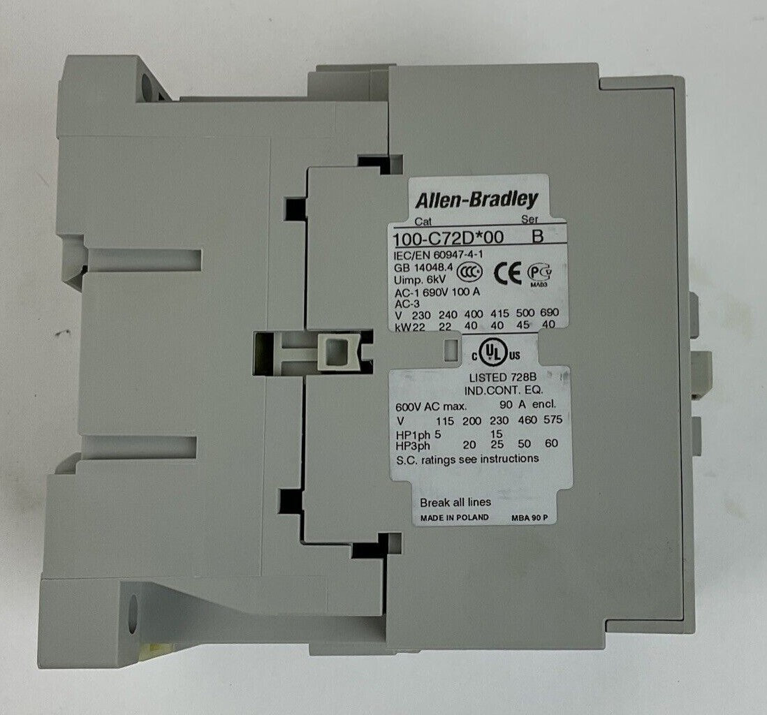 ALLEN BRADLEY 100-C72DJ10 CONTACTOR 24VDC SER.B 3POLE W/ 100-S AUX. CONTACT