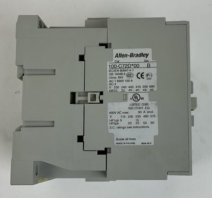 ALLEN BRADLEY 100-C72DJ10 CONTACTOR 24VDC SER.B 3POLE W/ 100-S AUX. CONTACT