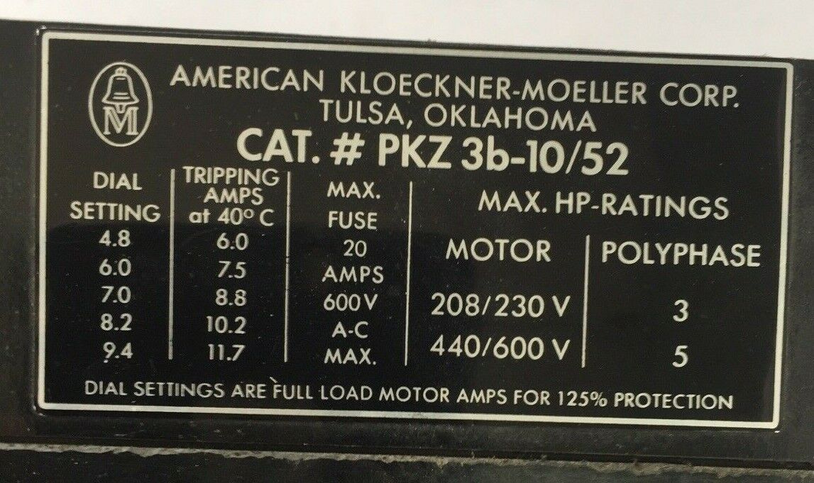 AMERICAN KLOECKNER-MOELLER PKZ 3B-10/52 START STOP PUSH BUTTON SWITCH 600VAC 20A