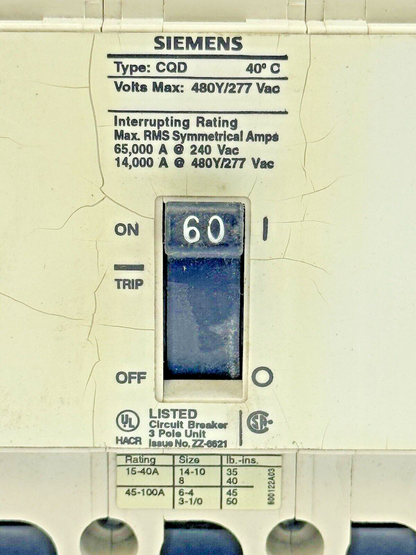 SIEMENS - CQD360AD - BREAKER (CQD360 W/ CQDA1 AUX SWITCH) - 3 POLE/60A/480 VAC