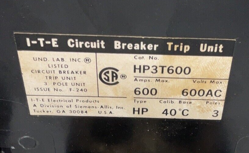 ITE HP3T600 TRIP UNIT 600AMPS 600VAC TYPE HP