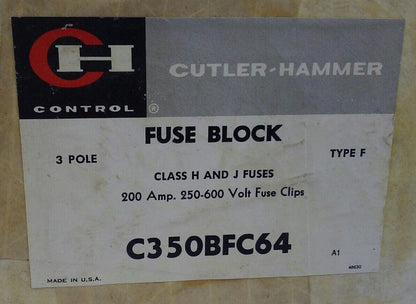 Cutler Hammer FUSE Block C350BFC64 - 250-600V, 200A, 3-pole, Type F *(NEW)*