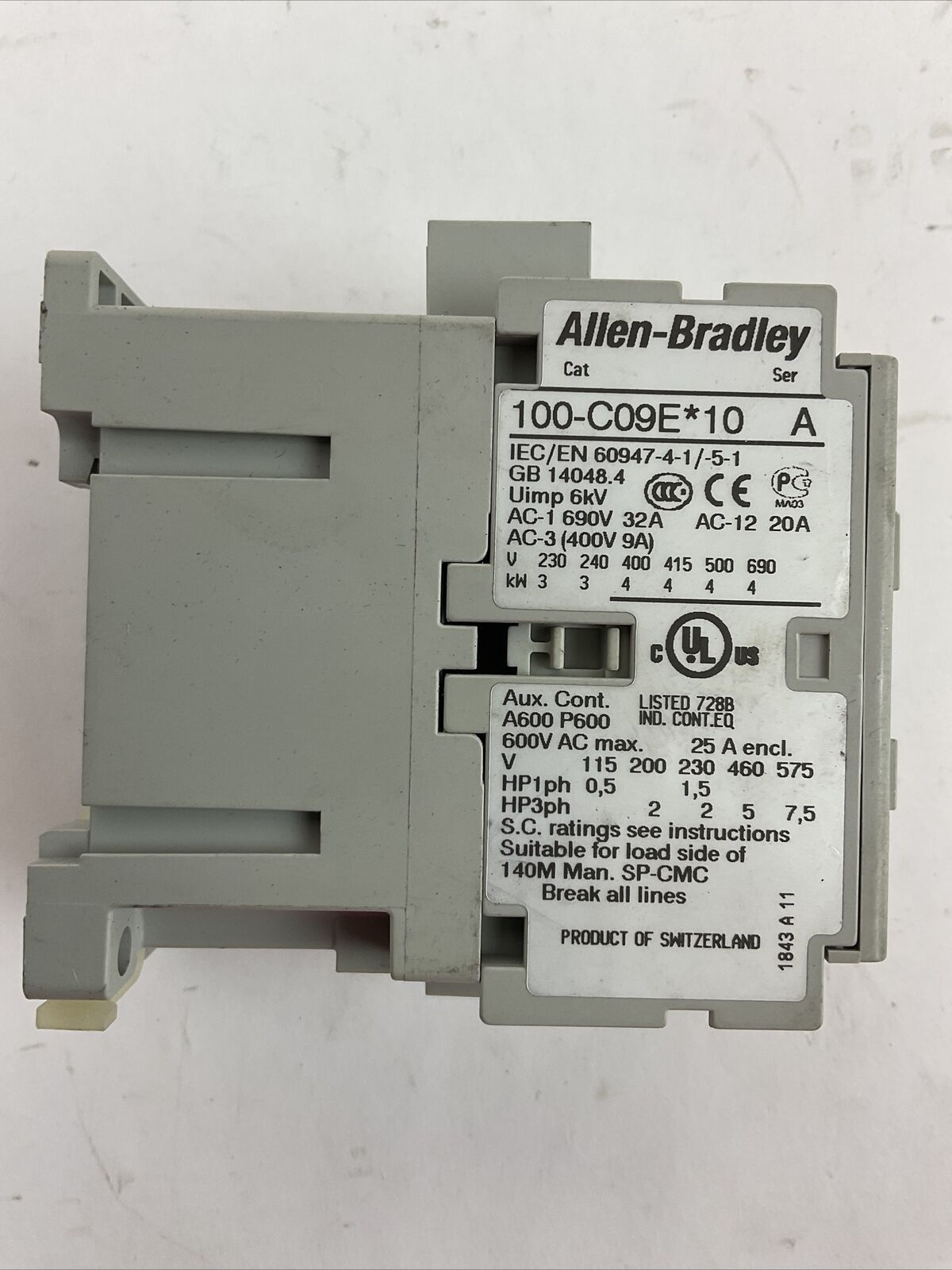 ALLEN BRADLEY 100-C09E*10 SER A CONTACTOR 600VAC 25AMP 7.5HP 3PH COIL 24VDC