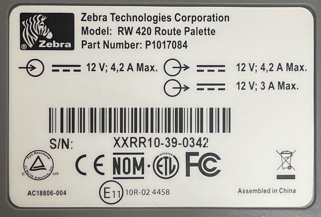ZEBRA TECHNOLOGIES CORPERATION RW 420 ROUTE PALETTE 12VDC 4.2A