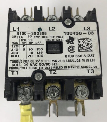 PRODUCTS UNLIMITED 3100-30Q808 35 AMP RES PER POLE 600VAC MAX COIL 24VAC 50/60HZ