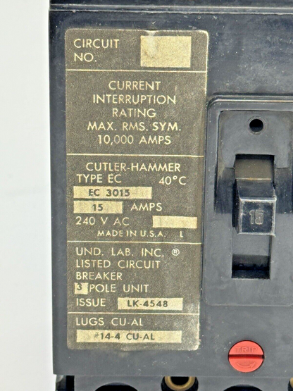 CUTLER-HAMMER - EC3015 - CIRCUIT BREAKER -3 POLE/15 A/240 VAC