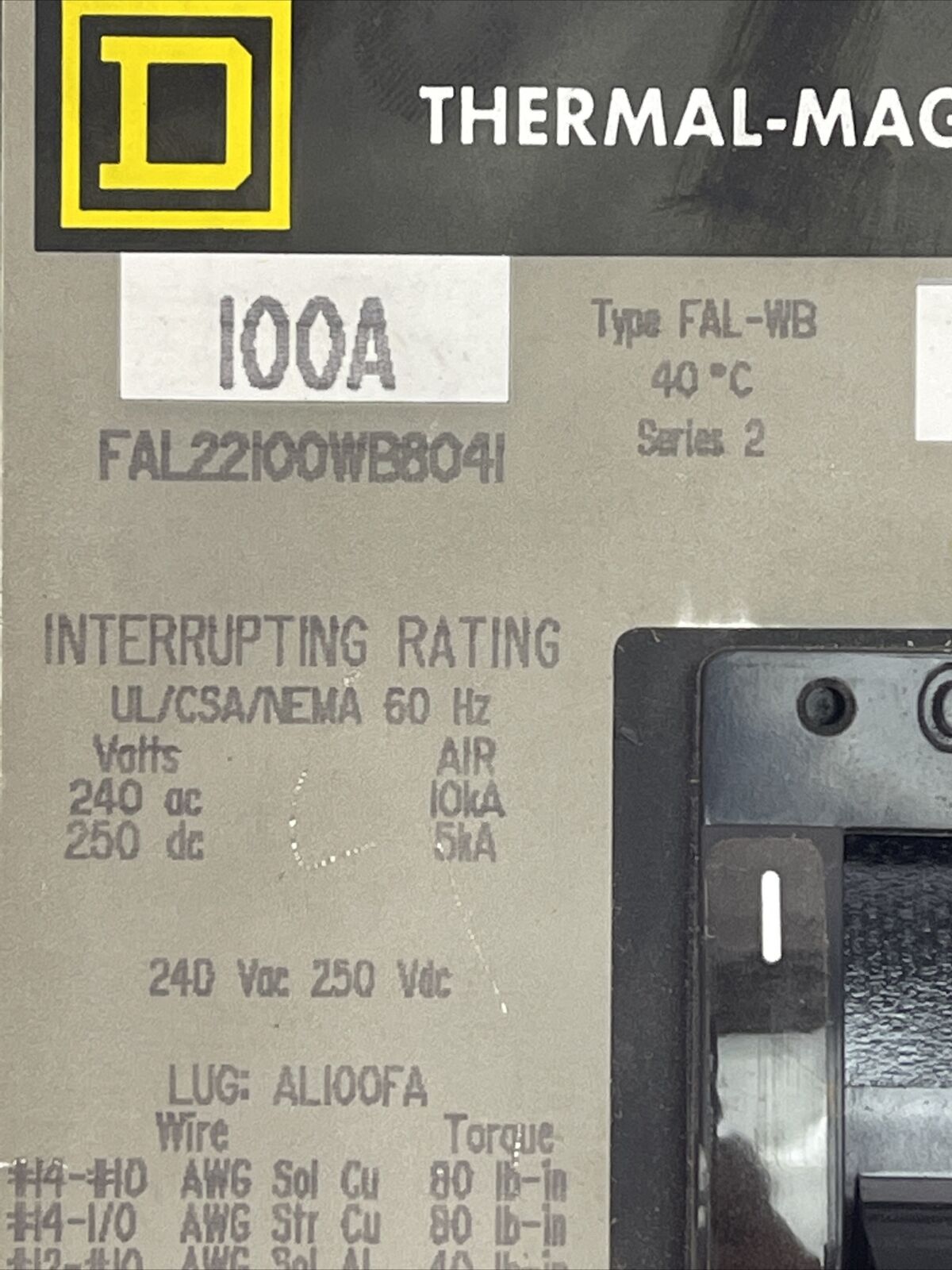 SQUARE D FAL22100WB8041 CIRCUIT BREAKER 100AMP 240VAC 250VDC 2POLE SERIES 2