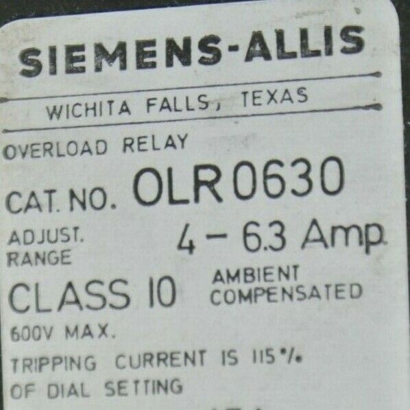 SIEMENS-ALLIS OLR0630 OVERLOAD RELAY 4-6.3 AMP