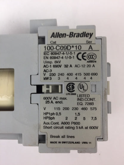 ALLEN BRADLEY 100-C09D*10 CONTACTOR 600VAC 25A COIL 24VDC