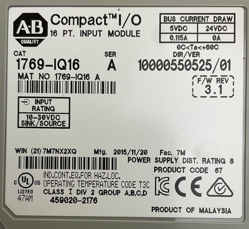 ALLEN BRADLEY 1769-IQ16 SER A DIR/VER 10000550525/01 F/W REV 3.1 COMPACT I/O