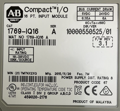 ALLEN BRADLEY 1769-IQ16 SER A DIR/VER 10000550525/01 F/W REV 3.1 COMPACT I/O