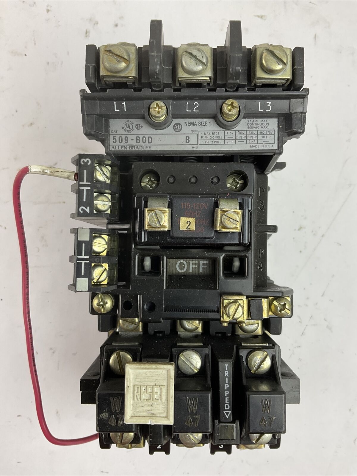 ALLEN BRADLEY 509-BOD SER B 600VAC 27A 10HP COIL 115-120V W47 HEATERS 509-B0D