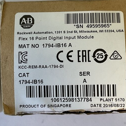 ALLEN BRADLEY  1794-IB16 16 POINT DIGITAL INPUT MODULE SER.A 10-31.2VDC 30MA