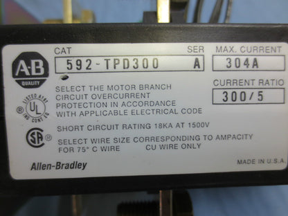 ALLEN-BRADLEY 592-TPD300 Ser. A OVERLOAD RELAY 304A w/ 592-JOV16 w/ W39 HEATERS
