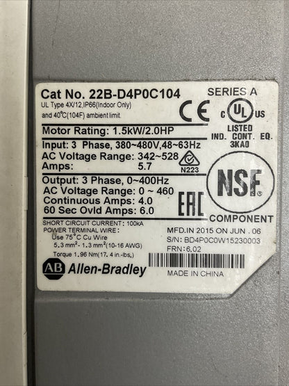 ALLEN BRADLEY 22B-D4P0C104 AC DRIVE POWER FLEX 40 FRN 6.02 OUTPUT 0-460VAC INPUT