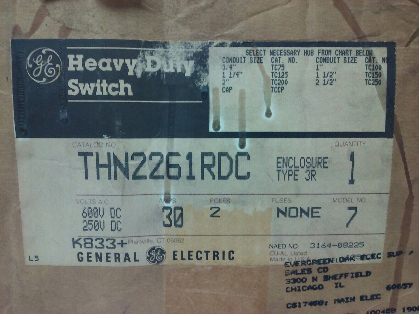 GE THN2261RDC SAFETY SWITCH, MOD 7, 30A, 650/250VDC, TYPE 3R RAINPROOF ENCLOSURE