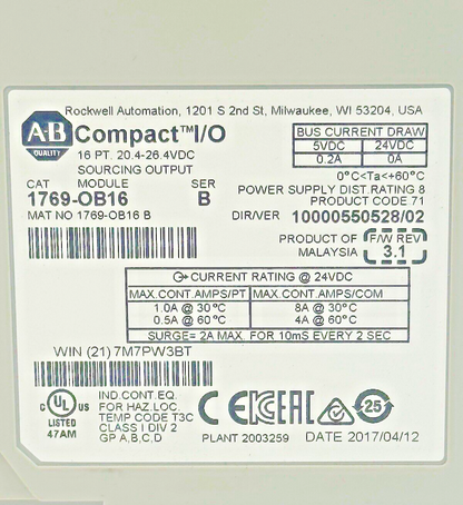 ALLEN-BRADLEY - 1769-OB16 SER. B, F/W REV 3.1, DIR/VER 10000550528/02- 16 PT.