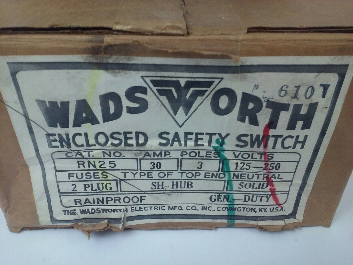 WADSWORTH RN25 SER. SH SAFETY SWITCH 3P,30A, 125-250V, 2 PLUG, TYPE 3R RAINPROOF