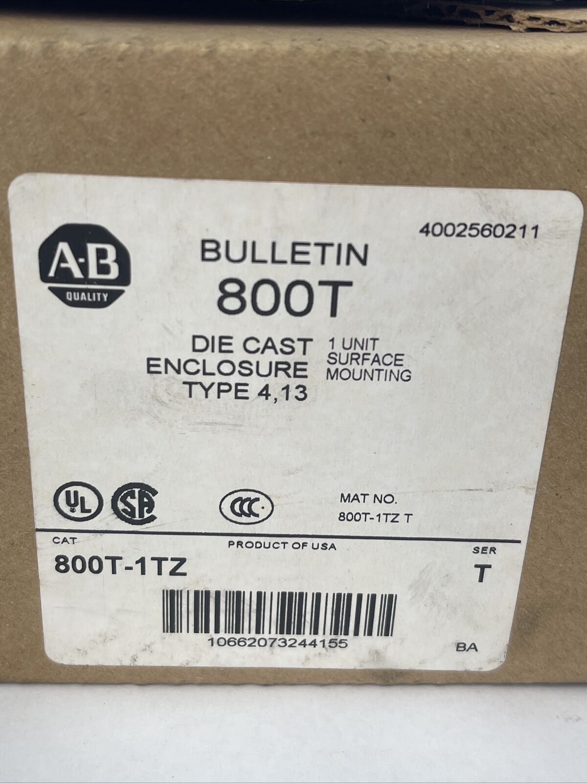 ALLEN BRADLEY 800T-1TZ DIE CAST ENCLOSURE TYPE 4, 13 SER T