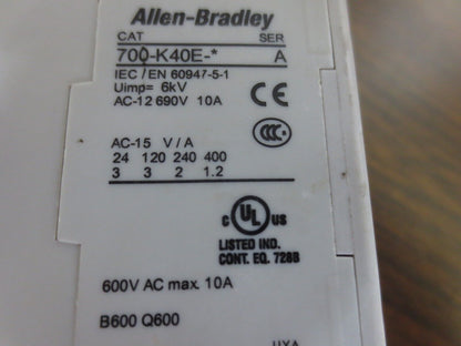 ALLEN-BRADLEY 700-K40-* Ser. A CONTROL RELAY - 6kV AC-12 600V 10A