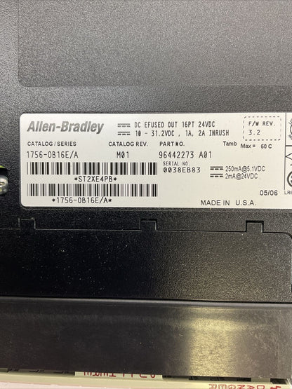 ALLEN BRADLEY 1756-OB16E SER A CAT REV M01 F/W REV 3.2 DC EFUSED OUT 16PT 24VDC