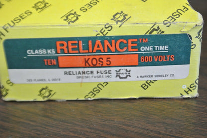 BOX of 10 / RELIANCE / BRUSH KOS5 ONE-TIME CLASS K5 FUSE / 5A / 600V NEW SURPLUS