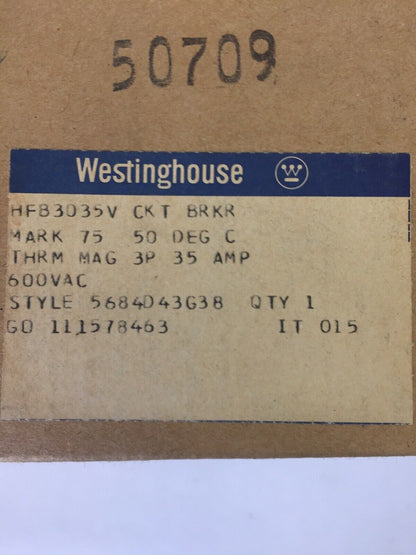 WESTINGHOUSE HFB3035V AB DE-ION CIRCUIT BREAKER 35AMP 600VAC 3POLE 5684D43G38